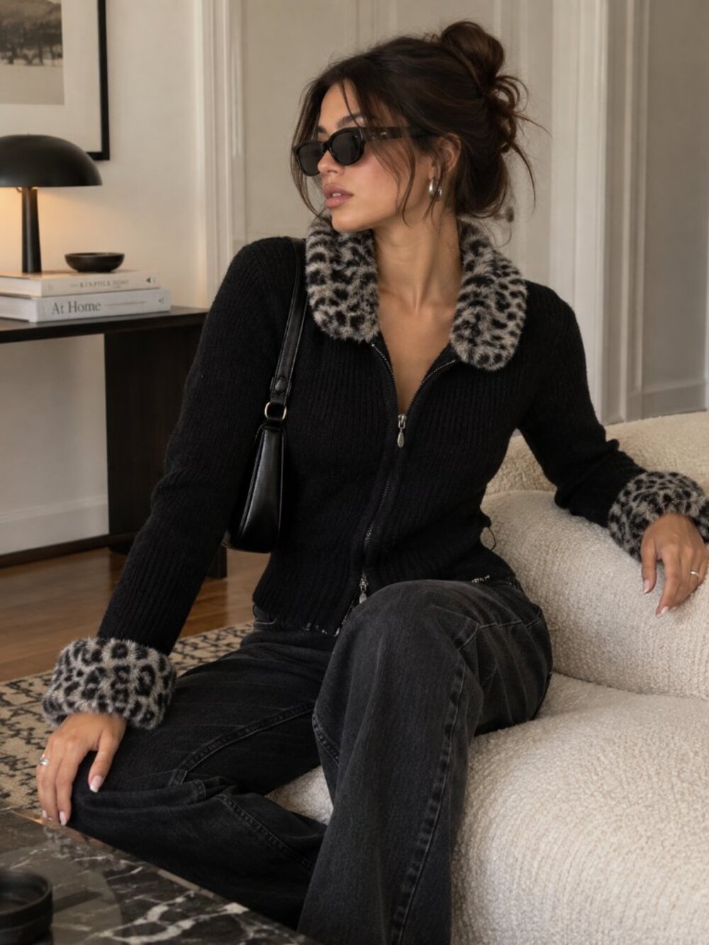 Vintage Y2K Black Cardigan Leopard Faux Fur Trim Zip Sweater M ✨